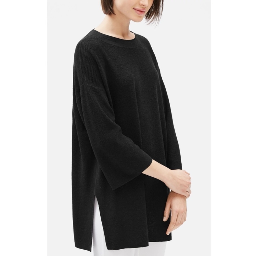 Eileen Fisher Black Organic Linen Crepe Tunic Sweater 3/4 Sleeve XS Quiet Luxury